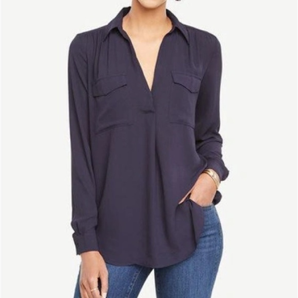 Ann Taylor Camp Shirt White Blue Tan Novelty Print Long Sleeve Blouse Top Sz LG